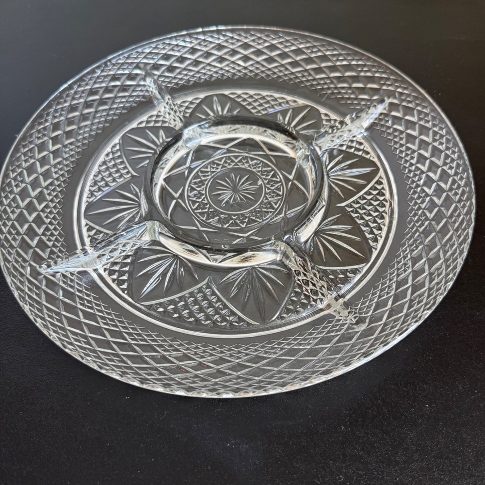 Divided Relish Dish 10.5in Clear Pressed Glass Starburst Pattern